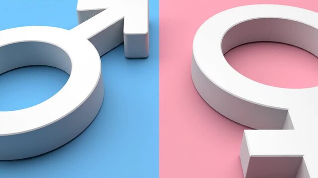 A close-up view of male and female symbols on blue and pink backgrounds.