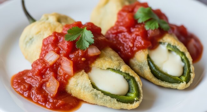 Delicious Mexican Chile Rellenos Stuffed with Cheese and Topped with Spicy Tomato Sauce