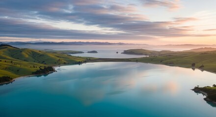 Naklejka premium Landscape, nature and scenery at sunrise over a tranquil lake for peaceful reflection, showcasing rolling hills with vibrant green pastures and calm waters reflecting the colorful sky. Aerial view
