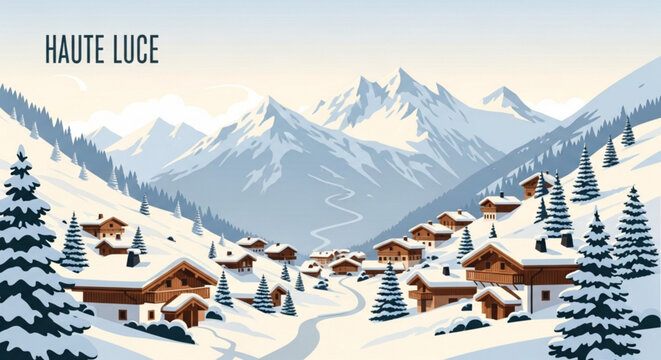Snowy mountain village haute luce with wooden chalets and pine trees on a hill
