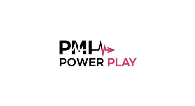 Pml power play logo with pink arrow and heartbeat line on white background