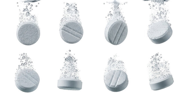 effervescent tablets dissolving in water medicine action white background for health and medical use