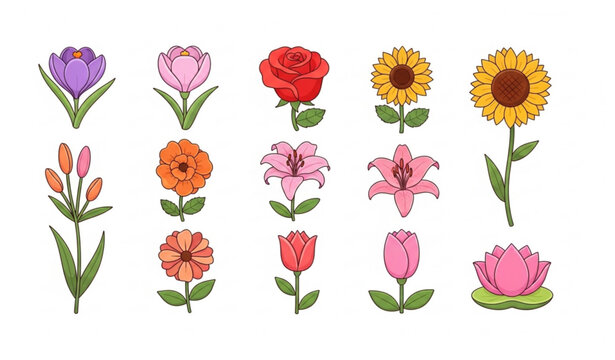 Cute blooming flower cartoon vector set rose sunflower tulip lily lotus crocus illustration