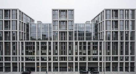Fototapeta premium Architecture, building and modern design for urban development showcasing a contemporary office complex with pedestrians walking along the street in front of glass facade. Construction, real estate
