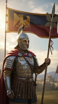 Ancient Roman Centurion Commander in Full Battle Armor with Eagle Standard Flag