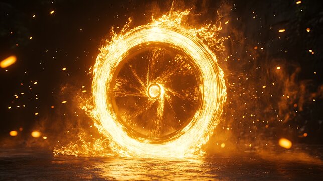 Dramatic fire wheel glowing flames night high resolution picture