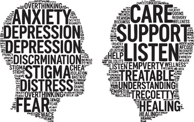 Obraz premium Mental health typography concept with negative and positive word cloud head silhouettes