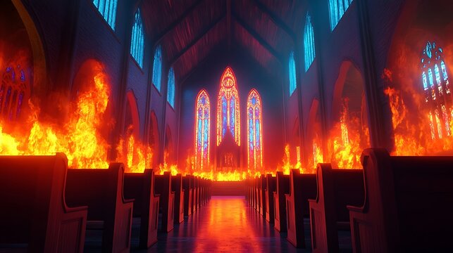 Dramatic flames inside gothic chapel high resolution picture
