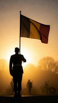 Three ancient runestones on a frost covered burial mound at sunrise in a misty mountain valley