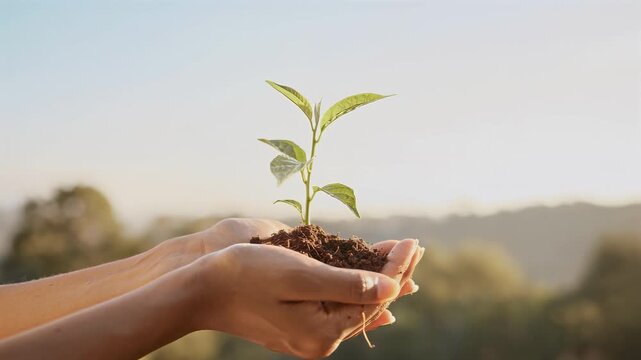 Cupped hands holding a young green sapling with soil against a warm sunset landscape, symbolizing hope and environmental conservation in a peaceful and cinematic scene.