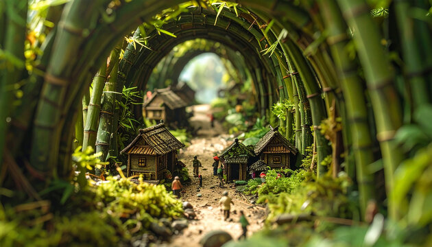 Miniature village scene within bamboo tunnel artistic concept