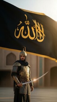 Brave Muslim Warrior in Golden Armor Holding Scimitar with Black Islamic Flag
