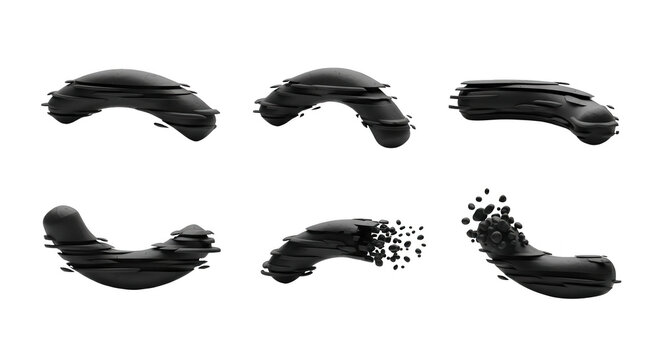 black segmented abstract shape dissolving into particles on a white surface disintegration and concept