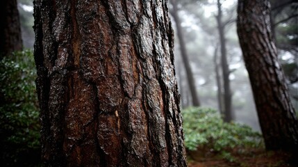 Obraz premium Textured bark of an old fir tree's rough surface in a foggy forest setting