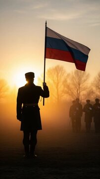 Silhouette of a Soldier Holding a Tricolor Flag During a Patriotic Military Ceremony at Sunrise