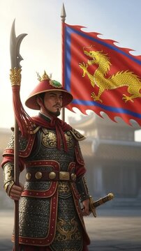 Brave Vietnamese Warrior General in Traditional Red Armor Holding Dragon Flag