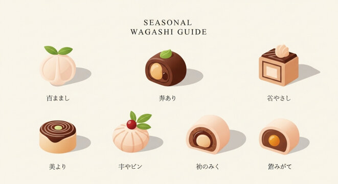 Seasonal wagashi guide with various traditional japanese sweets on beige background