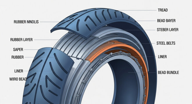 Detailed tire cross section diagram showing inner layers and components