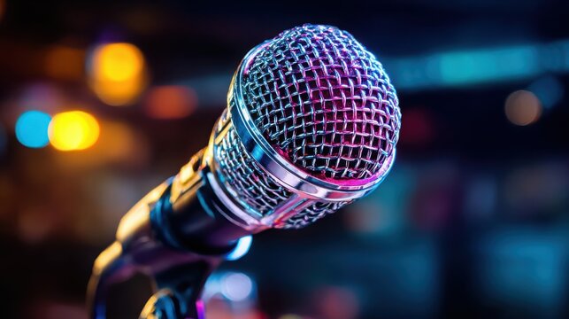 Polished Silver Microphone Grille Capturing Sound on a Vibrant Stage With Bokeh Lights