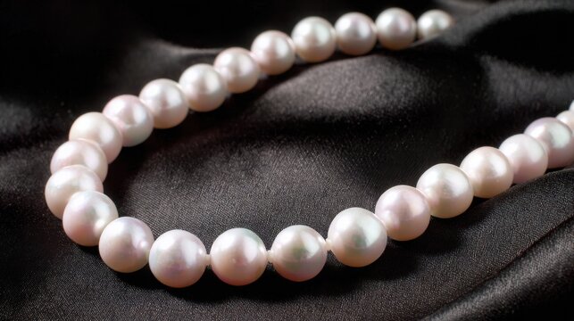 A single strand of luminous white pearls with iridescent glow on a dark textured surface, showcasing refined elegance and luxury.