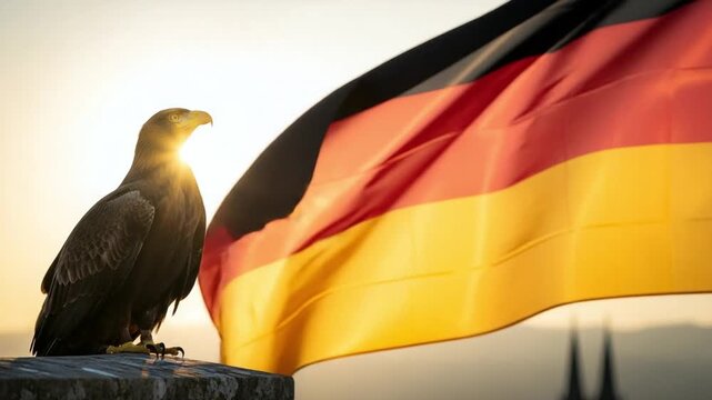 Majestic eagle perched on stone wall with waving German national flag background