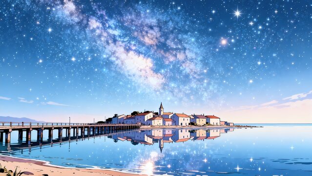Starry night coastal village with pier
