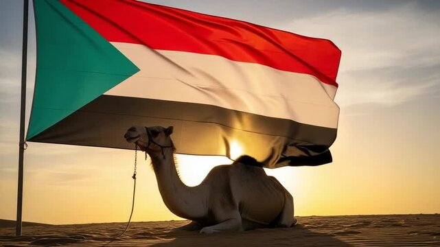 Sudanese National Pride Concept with Camel in Desert Sunset