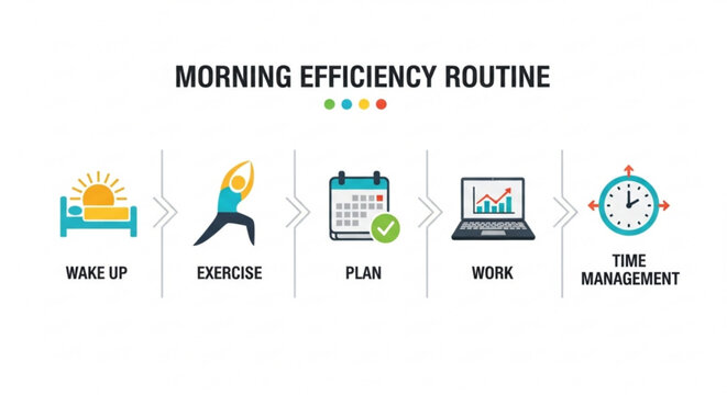 Morning efficiency routine infographic with five steps