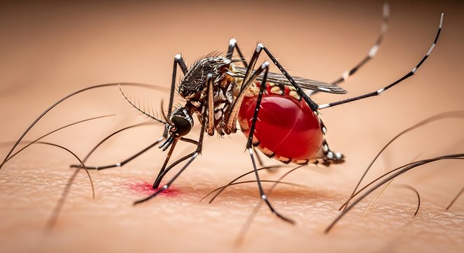 Closeup of a mosquito feeding on human blood through skin with hair