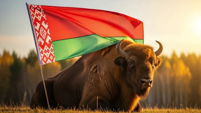 Majestic European bison wisent resting in nature with Belarus flag, national symbol of Belarusian heritage