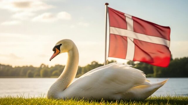 Mute Swan National Bird of Denmark Resting by Lake with Danish Flag
