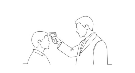 Obraz premium Doctor taking temperature with infrared thermometer, health screening, preventing virus spread