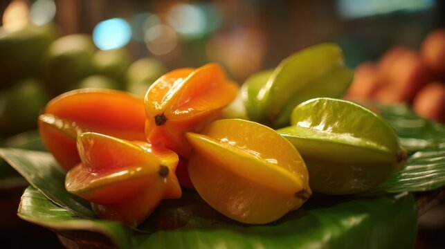Vibrant starfruit and carambola in a close-up, macro, photorealistic display showcasing tropical flavors and textures.
