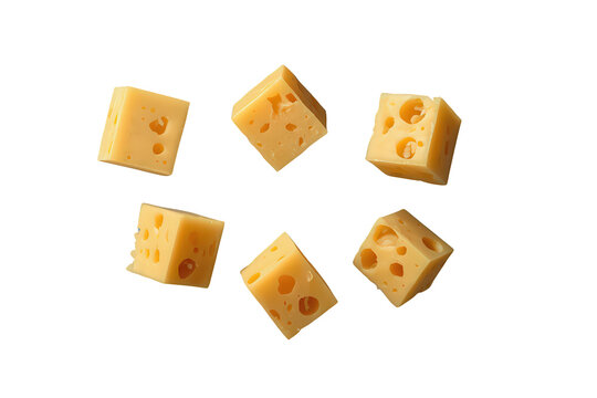 Emmental cheese cubes falling and floating, showing yellow dairy product diced with holes, transparent background