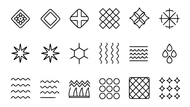 An array of thirty-two minimalist white line icons displays fabric textures and textile processing methods arranged on a black background.