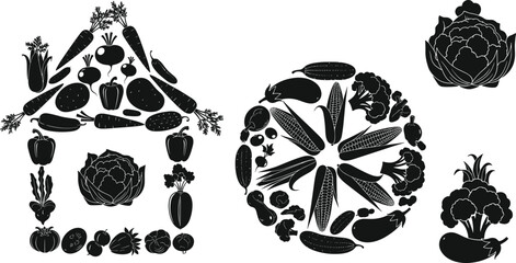 Fototapeta premium Organic vegetable house and circle silhouette set featuring carrot beet pepper corn and broccoli for healthy lifestyle vegan diet gardening and local farm market design