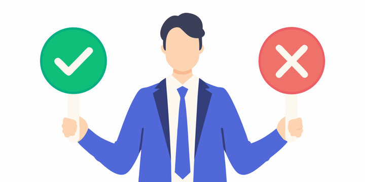 Man holding choice cards with a checkmark and an x symbol