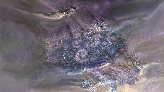 Abstract ammonite fossil texture with glowing spiral pattern and motion blur background