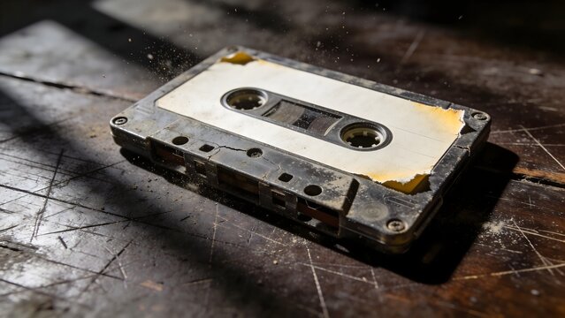 Worn Vintage Audio Cassette Tape Blank Label Mockup on Scratched Wood