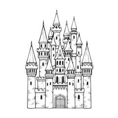 Fototapeta premium Intricate sketch of a grand medieval castle with many towers and gates.