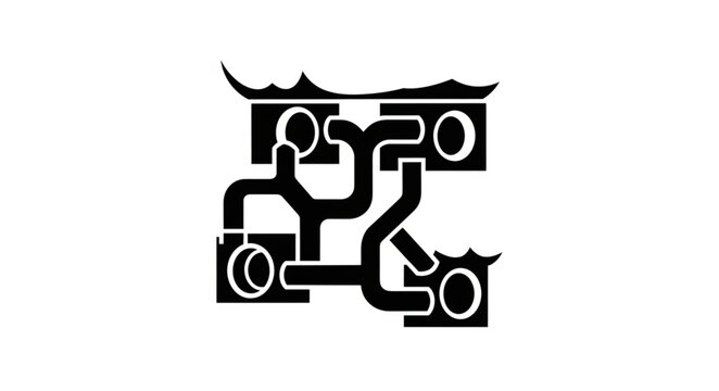 Abstract black and white maze design with interconnected pipes and circles.