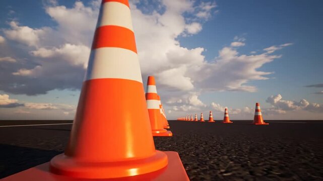 A row of traffic cones stands on a sandy beach under a cloudy sky.