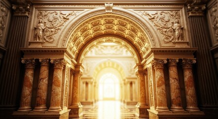 Fototapeta premium A grand, ornate archway leads into a long, sunlit corridor. The arch is constructed from intricately carved stone, featuring classical columns, statues, and decorative elements.