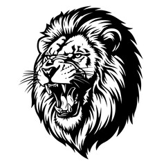 Obraz premium Bold monochrome lion head illustration with fierce expression and dramatic mane, a striking black and white graphic portrait.