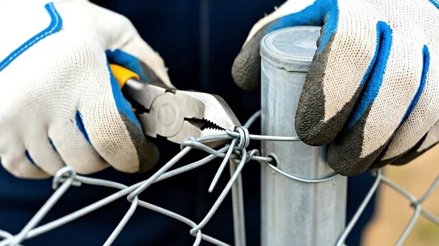 Professional worker installing industrial chain link fence for perimeter security using pliers and gloves