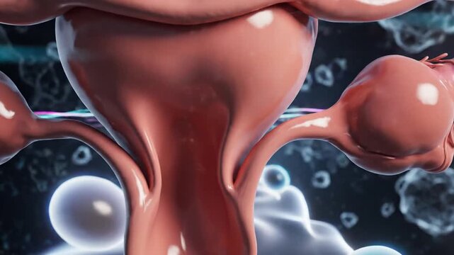 Human female reproductive system with ovaries and uterus in a medical illustration