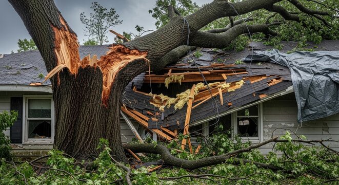 A large tree has violently snapped and crashed through a house's roof, causing significant damage. 