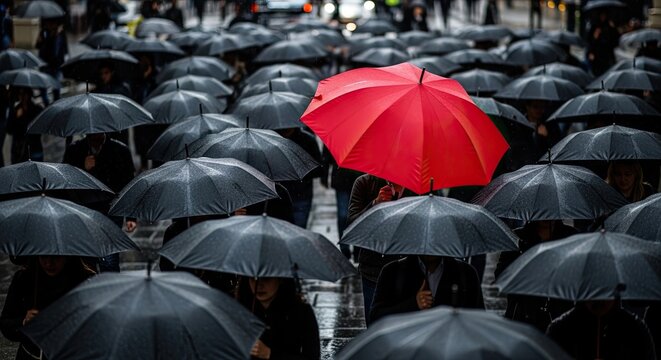 A solitary red umbrella stands out amidst a dense crowd of people, all holding dark umbrellas on a rainy city street.