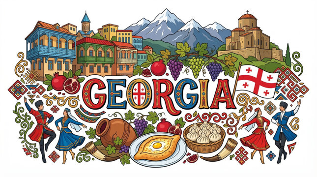 Vibrant Georgia Cultural Elements Vector Illustration with Tbilisi, Monasteries, and Local Cuisine