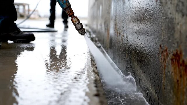 Person spraying water on a dirty concrete wall outdoors with a hose